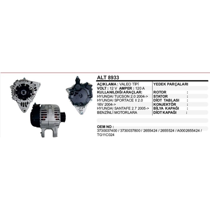 ALTERNATÖR 12V.120A KIA SANTAFE-SPORTAGE 2.7 2005- - ALT8933