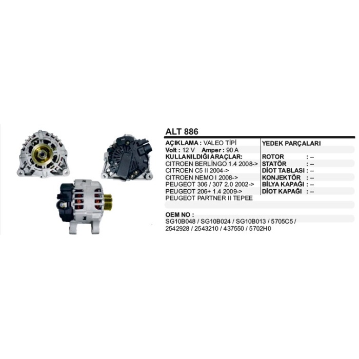 ALTERNATÖR 12V.90A PEUGEOT PARTNER II HDI-206-C5 COM UC VALEO TIP - ALT886