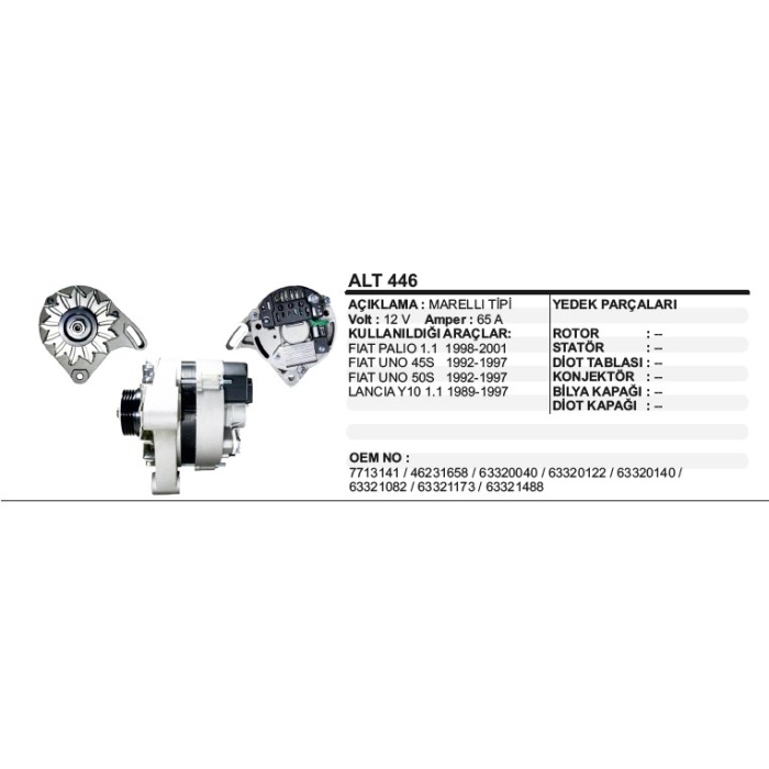 ALTERNATÖR 12V.65A. UNO 92-- TIRTILLI KAYIS MARELLI-MAKO TIPI - ALT446