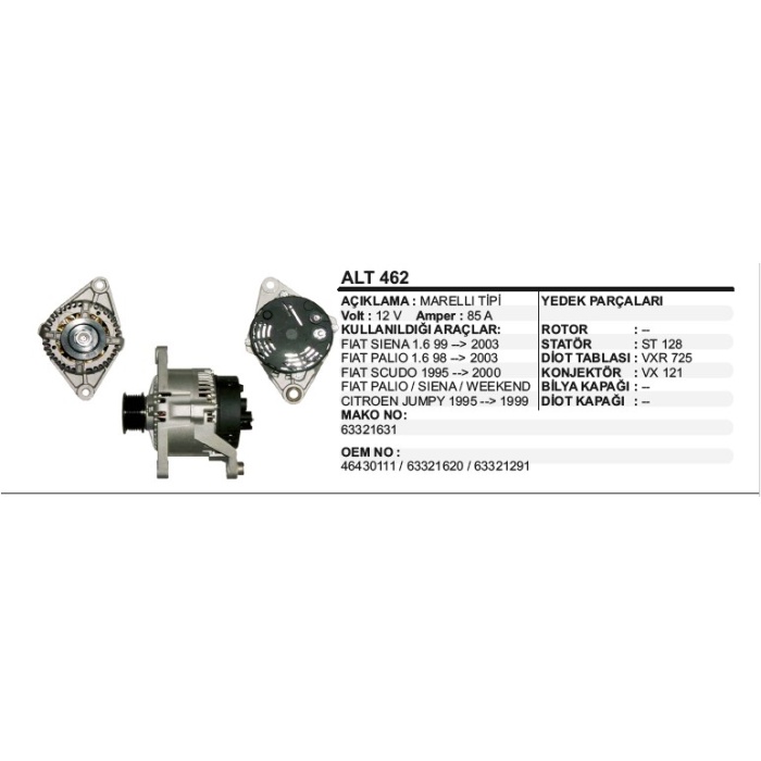 ALTERNATÖR 12V 85A FIAT SIENA - PALIO 99-03 SCUDO 95- CITROEN JUMPY 95-99 MARELLI-MAKO TIPI - ALT462