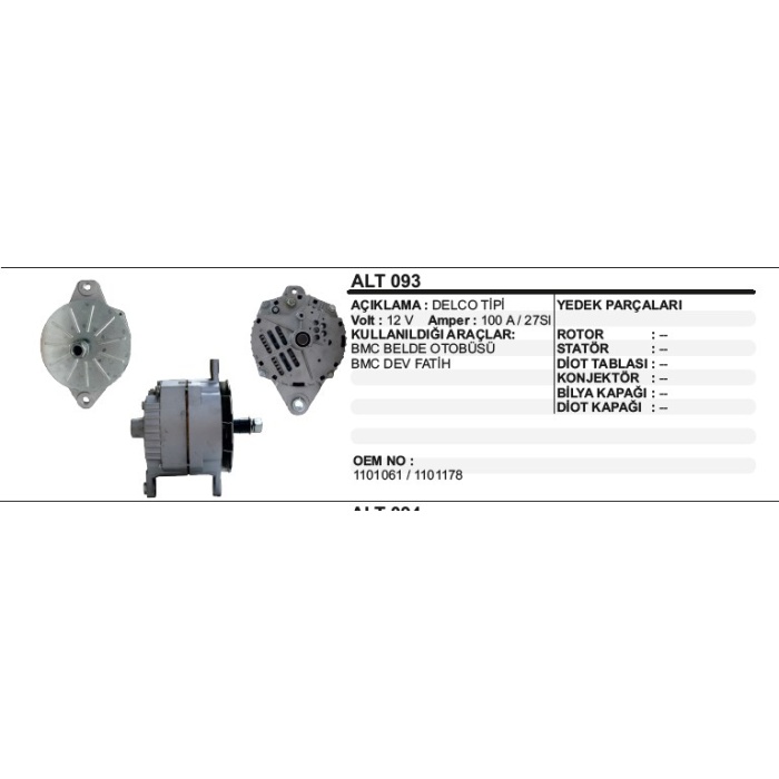 ALTERNATÖR 12V 100A 27SI BELDE OTOBUS-DEV FATIH DELCO TIPI - ALT093