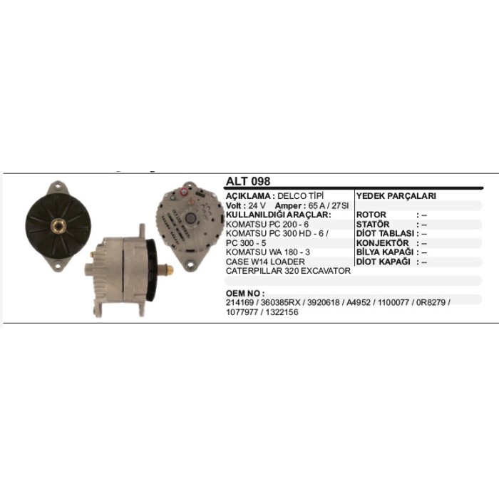 ALTERNATÖR 24V 65A.27SI KOMATSU PC300-5-WA180-3 DELCO TIPI - ALT098