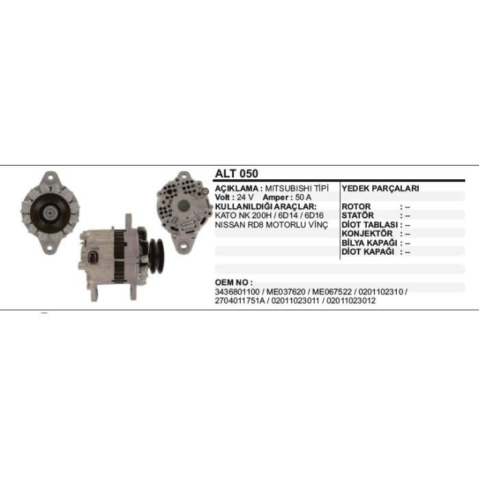 ALTERNATÖR 24V 50A.KATO NK200H-6D14-6D16-NISSAN MITSUBISHI TIPI - ALT050