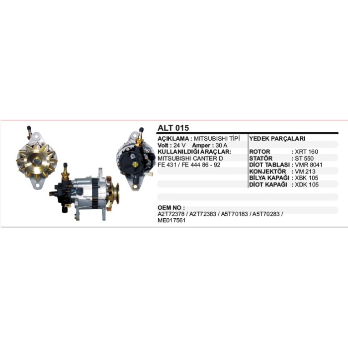 ALTERNATÖR 24V 30A EM.MITSUBISHI CANTER VAKUMLU FE 431-FE 444 86-92 MITSUBISHI TIP - ALT015