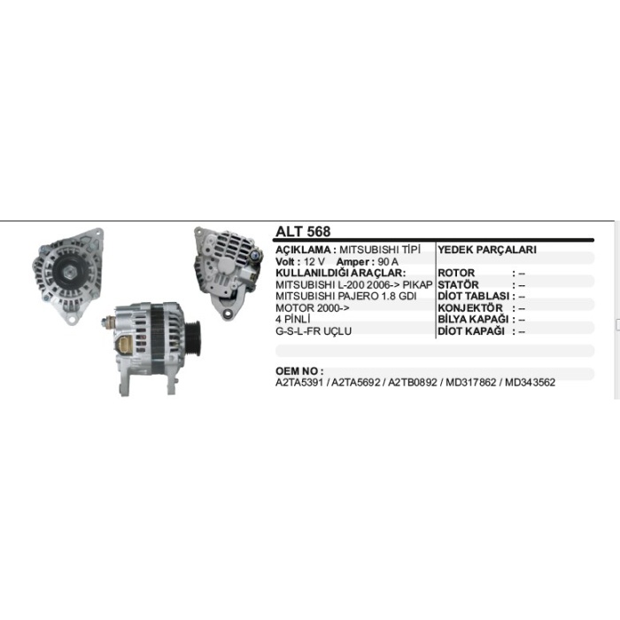 ALTERNATÖR 12V.90A MITSUBISHI L-200-COLT 06-- - ALT568