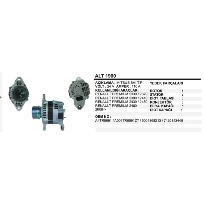 ALTERNATÖR 24V 100A RENAULT PREMIUM 2330-2410 06- MITSUBISHI TIP - ALT1900