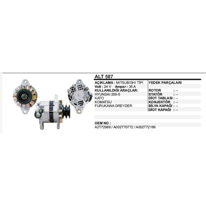 ALTERNATÖR 24V 35A HYUNDAI 200-5 KATO-KOMATSU-FURUKAWA GREYDER MITSUBISHI TIP - ALT587