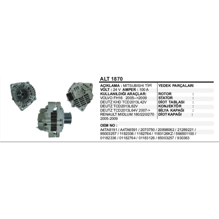 ALTERNATÖR 24V 100A VOLVO FH16-DEUTZ 2007-- MITSUBISHI TIP - ALT1870