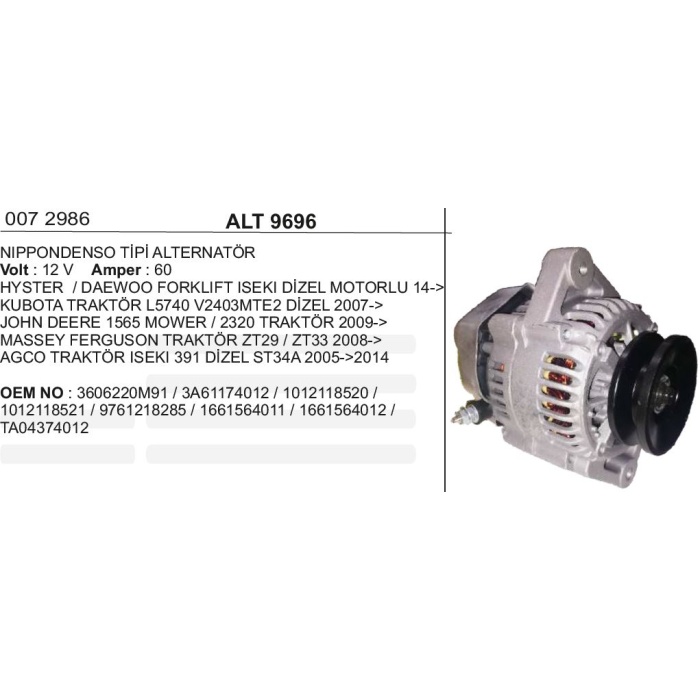 ALTERNATÖR N.DENSO 12V.60A HYSTER FORKLIFT-DAEWOO - ALT9696