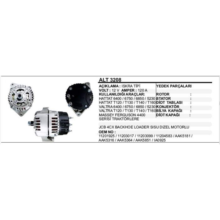 ALTERNATÖR ISKRA T.12V.120A.JCB-HATTAT-VALTRA-SISU - ALT3208