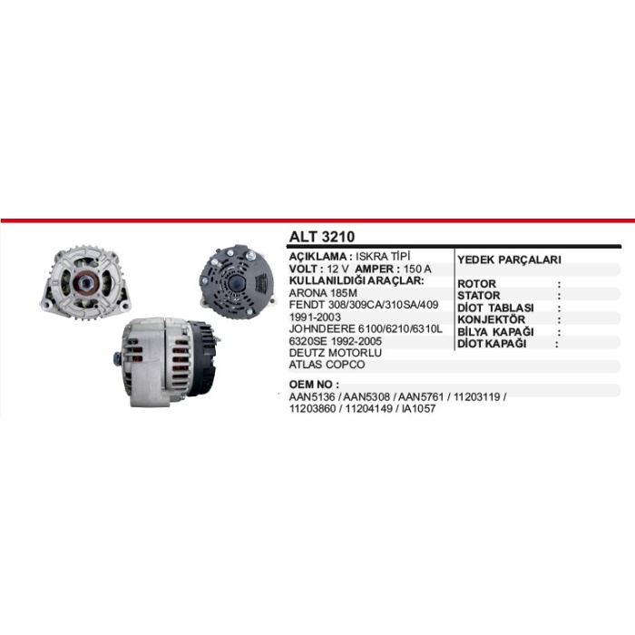 ALTERNATÖR ISKRA T.12V.150A.JCB-AGCO-DEUTZ IA1242 - ALT3210