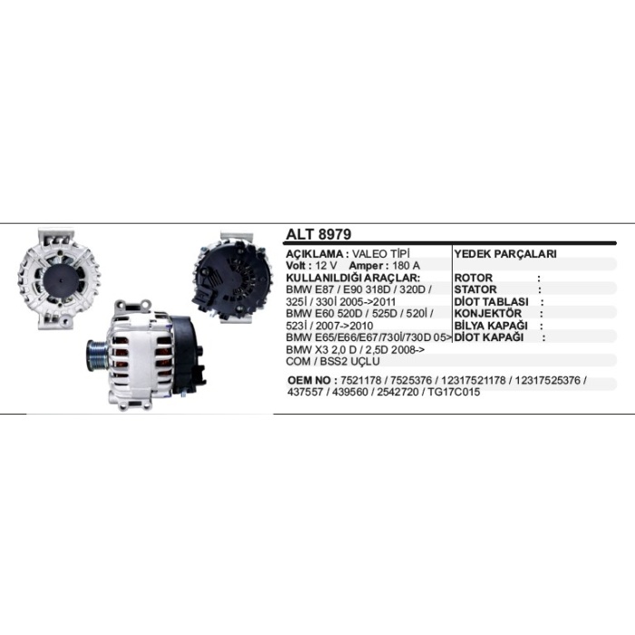 ALTERNATÖR VALEO 12V.180A BMW 5.20-5.30-X3-X5 2004-- - ALT8979