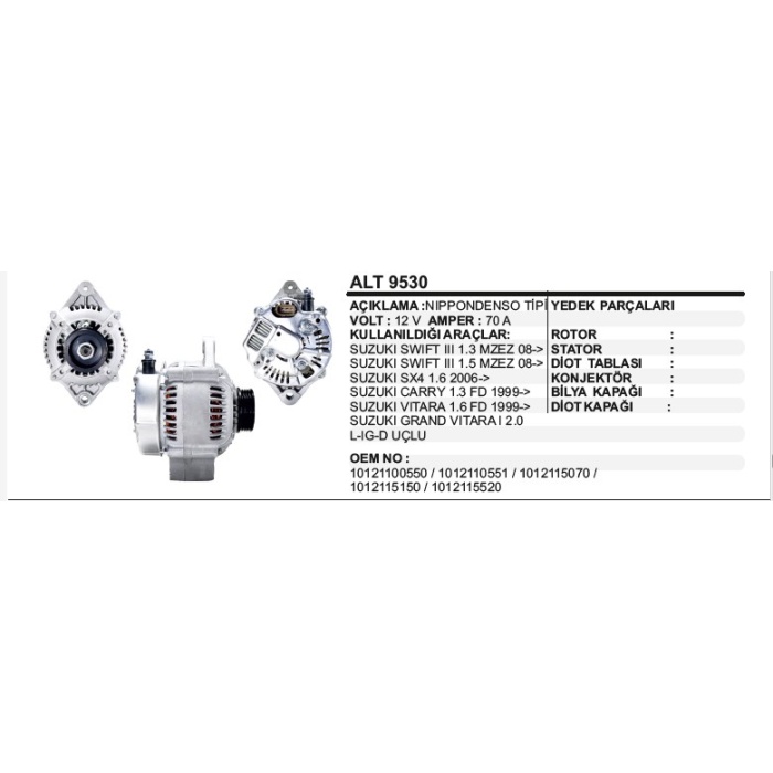 ALTERNATÖR N.DENSO 12V.70A.SUZUKI VITARA-CARRY 99-04 - ALT9530