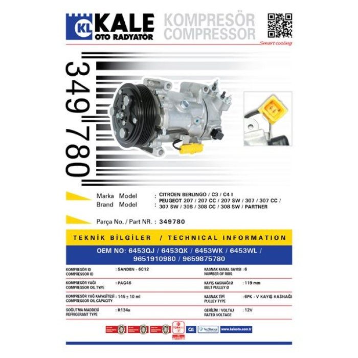 KLIMA KOMPRESORU BERLINGO C3 C4 I PEUGEOT 207 307 308 508 1.4HDI 1.6H - KALE 349780