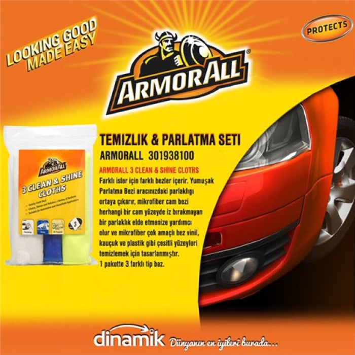 ARMORALL 3 CLEAN ve SHINE CLOTHS. FARKLI IŞLER IÇIN FARKLI BEZLER IÇERIR. 1 PAKETTE 3 FARKLI BEZ. - ARMORALL 301938100