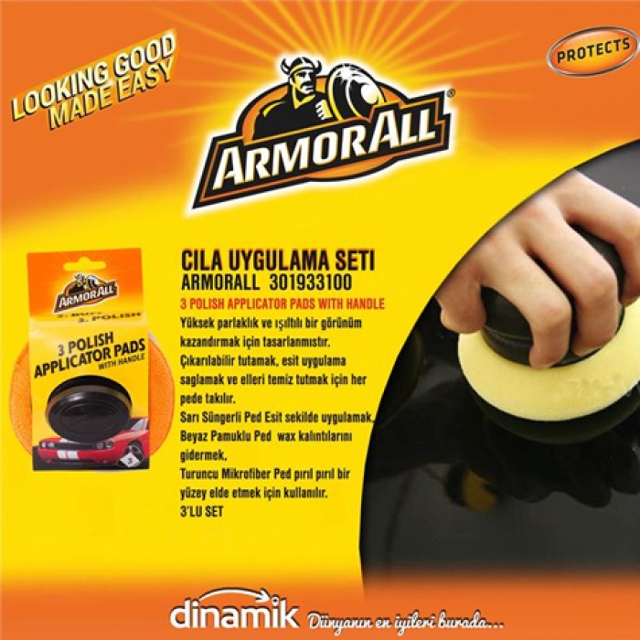 ARMORALL 3 POLISH APPLICATOR PADS WITH HANDLE. ÇIKARILABILIR TUTAMAKLI SARI SÜNGER EŞIT UYGULAMA. BEYAZ PAMUK WAX KALINTI GIDERMEK. TURUNCU PARLAK YÜZEY IÇIN KULLANILIR. - ARMORALL 301933100