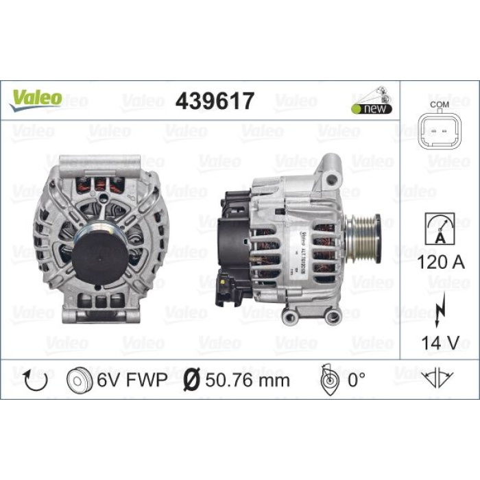 ALTERNATOR 12V 120A DS3 C3 III P208 P308 P207 P3008 P2008 PARTNER TEPE 207 P308 P508 P208 P5008 C3 PICASSO C4 C4 PICASSO DS3 C5 III BERLINGO III EP6 EP6C MINI R56 R57 R58 - VALEO 439617