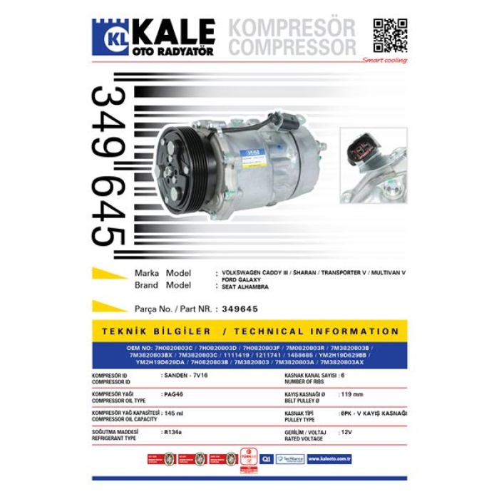 KLIMA KOMPRESORU CADDY III SHARAN TRANSPORTER V MULTIVAN V FORD GALAXY S - KALE 349645