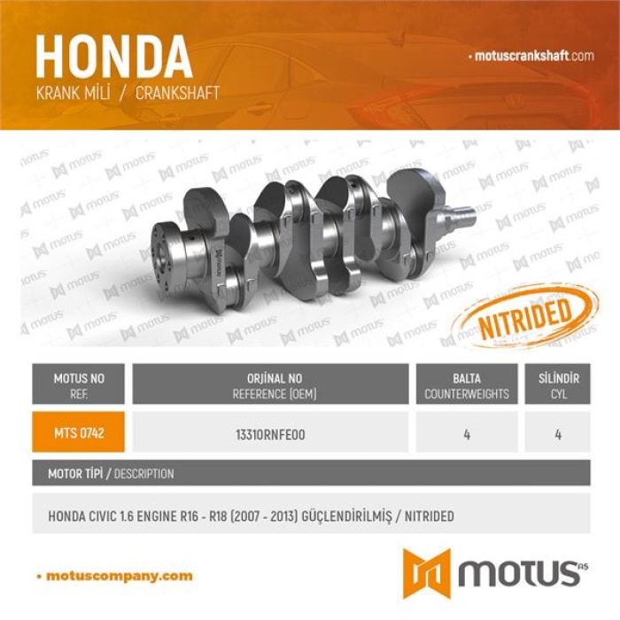 KRANK MILI HONDA CIVIC 1.6 MOTOR R16 R18 MOTOR 2007 2013 4 BALTA - MOTUS 742