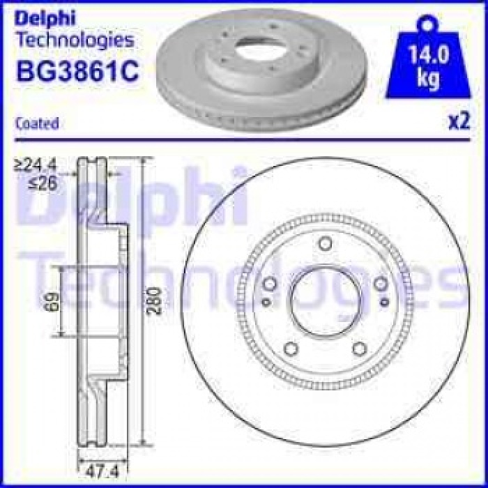 FREN DISKI ON IX20 10- I30 07- - CEED 07- SOUL 09- SOUL 14- VENGA 09- HAVALI 280mm - DELPHI BG3861C