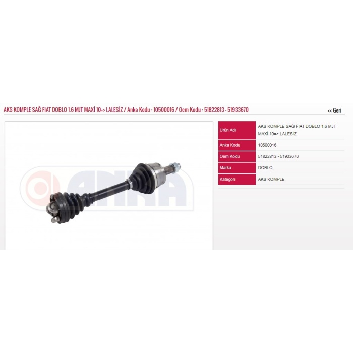 AKS SAĞ-SOL LALESIZ 1.6 MJT 10=- FIAT DOBLO 00-10 MAXI - ANKA-1050-0016