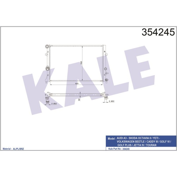 MOTOR RADYATORU BRAZING GOLF VI 08- CADDY 11-15 JETTA 11-18 TOURAN 11-15 A3 09-13 OCTAVIA 09-13 YETI 10-13 - KALE 354245