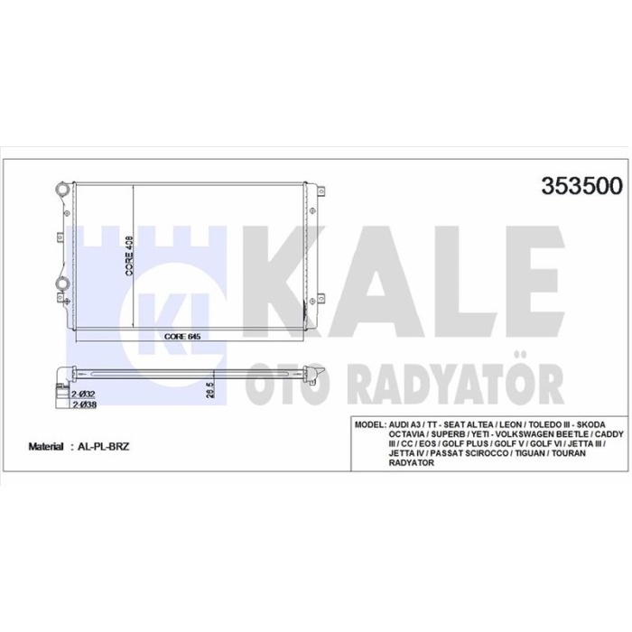 MOTOR RADYATORU BRAZING- 648X460 CADDY PASSAT GOLF JETTA OCTAVIA TOURAN ALTEA SUPERB 2.0TDI CFHC 04-13 - KALE 353500