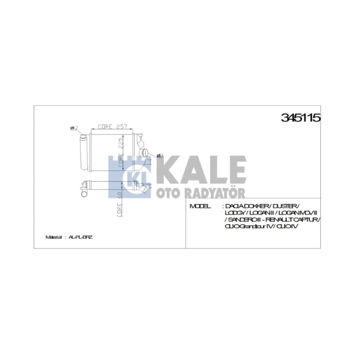 TURBO RADYATÖRÜ INTERCOOLER DACIA DOKKER-DUSTER-LODGY-LOGAN MCV II- SANDERO II - RENAULT CLIO IV - KL345115