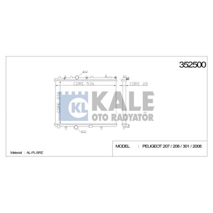 RADYATÖR PEUGEOT 301-207-208 2008 CITROEN C2 C3 C-ELYSEE 378X538X26 AL-PL-BRZ - KL352500