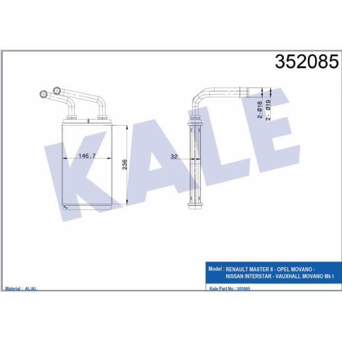 KALORIFER RADYATÖRÜ RENAULT MASTER II - OPEL MOVANO - NISSAN INTERSTAR 1.9-2.2 DTI 98=- AL-PL-BRZ - KL352085