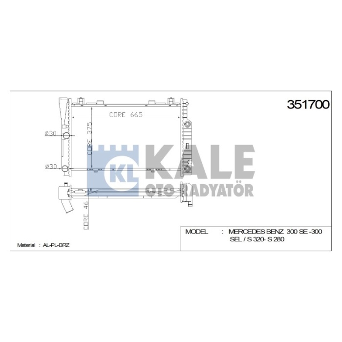 RADYATÖR MERCEDES 300 SE 300 SEL S 320 S 280 667 X 468 X 42 AL-PL-BRZ - KL351700