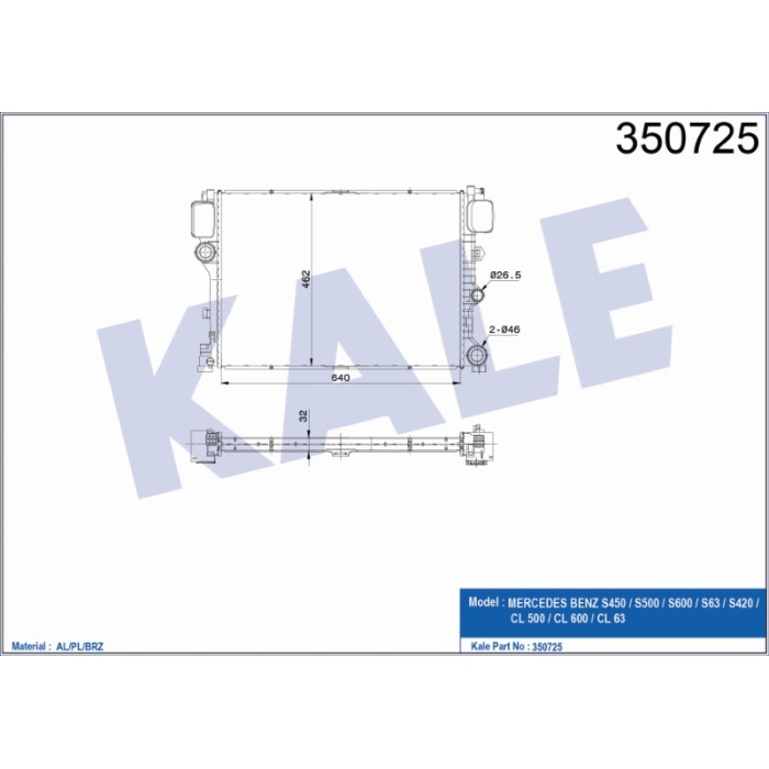 RADYATÖR  MERCEDES S450 - S500 - S600 - S63 - S420 - CL 500 - CL 600 - CL 63 AL-PL-BRZ - KL350725