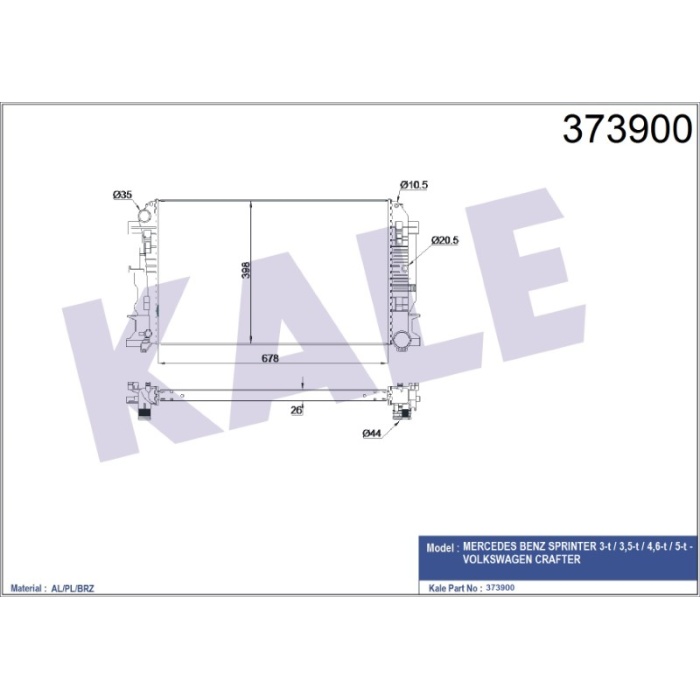 BRAZING SU RADYATÖRÜ MERCEDES SPRINTER 06+ VW CRAFTER 06+ RADYATÖR VW CRAFTER 678X398X26 AL-PL-BRZ - KL373900