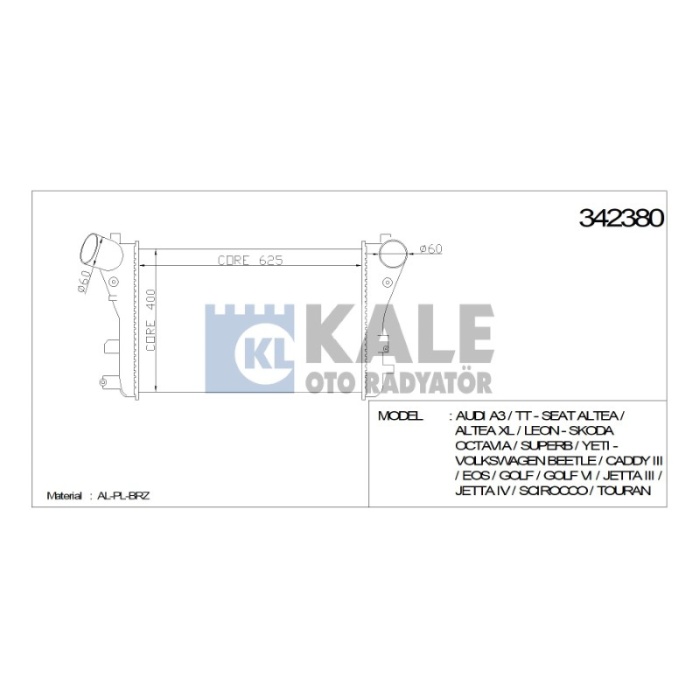 TURBO RADYATÖRÜ INTERCOOLER VW GOLF IV CADDY III JETTA PASSAT  625X400X32 - KL342380