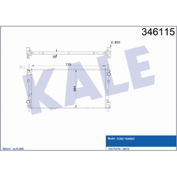 SU RADYATORU +AC FORD TRANSIT V184 2.4TDCI 115PS - 120PS - 125PS 01-06 KLIMALI - KL346115