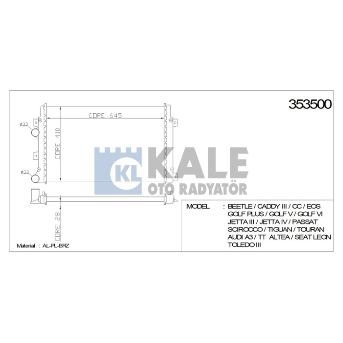 RADYATÖR VW BEETLE CADDY III GOLF PLUS-V-VI JETTA III-IV PASSAT  TIGUAN TOURAN 645-408-26 - KL353500