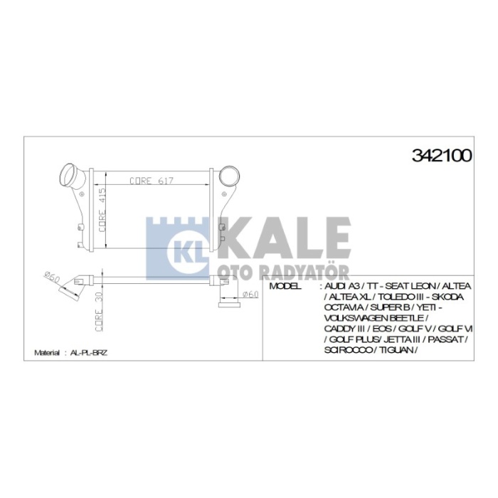 TURBO RADYATÖRÜ INTERCOOLER VW BEETLE CADDY III GOLF V-VI JETTA III PASSAT SCIROCC TIGUAN TOURAN - KL342100