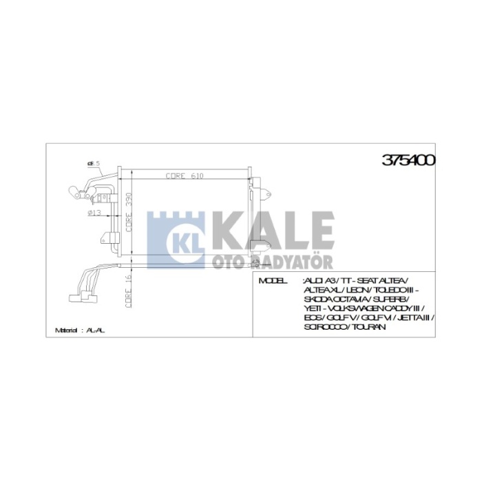 KLIMA RADYATÖRÜ VW CADDY III EOS GOLF V GOLF VI JETTA III  AUDI A3 TT 580X391X16 AL-AL - KL375400