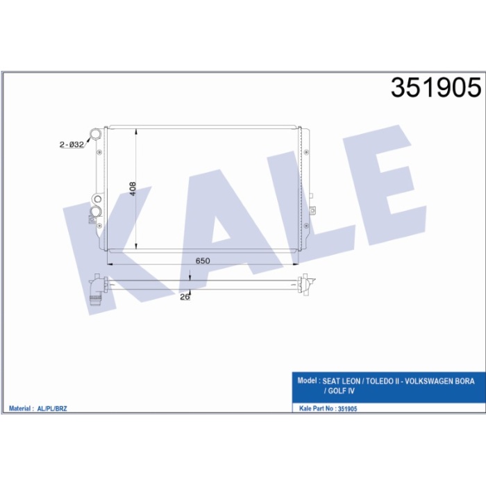 RADYATÖR SEAT LEON - TOLEDO II - VW BORA - GOLF IV 1.9 TDI 00=- AL-PL-BRZ - KL351905