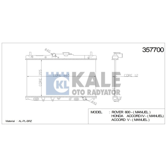 RADYATÖR HONDA ACCORD IV -  MANUEL  ACCORD V -  MANUEL  352X668X16 AL-PL-BRZ - KL357700