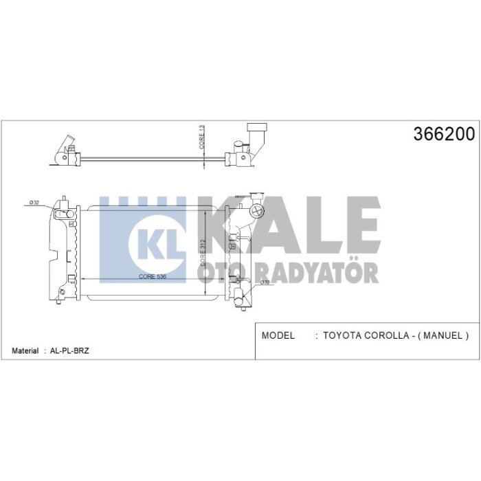 RADYATÖR TOYOTA COROLLA -  MANUEL  600X348X16 AL-PL-BRZ - KL366200