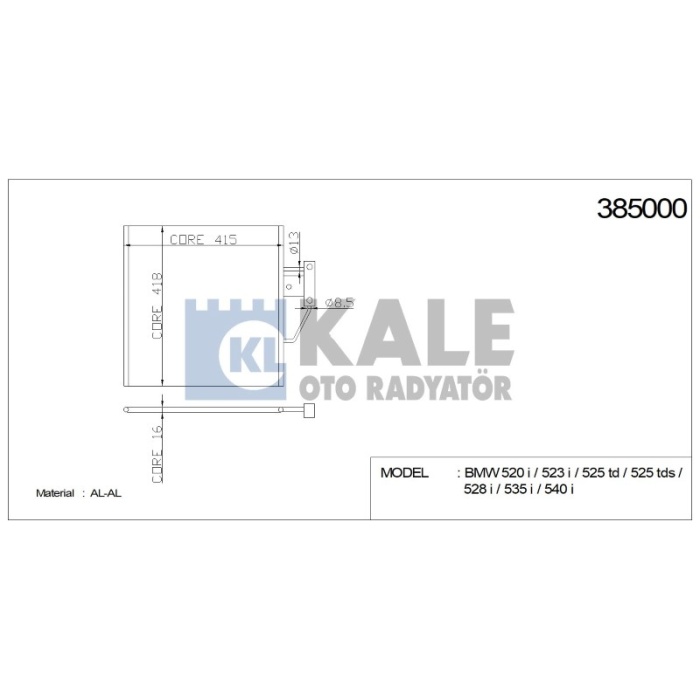 KLIMA RADYATÖRÜ BMW 520 I 523 I 525 TD 525 TDS 528 I 535 I 540 I 478X418X16 AL-AL - KL385000