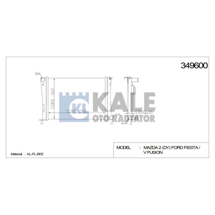 RADYATÖR FORD FIESTA 01-08 BENZINLI FUSION MAZDA II 500X358X16 AL-PL-BRZ - KL349600