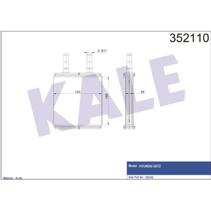 KALORIFER RADYATÖRÜ HYUNDAI GETZ 1.1-1.3-1.4 02=- 1.5 CRDI 02=-05 05=- AL-PL-BRZ - KL352110