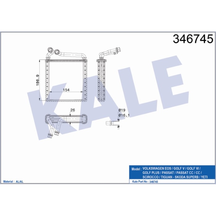 KALORIFER RADYATÖRÜ BRAZING VW GOLF V-VI-PASSAT-SCIROCCO-TIGUAN - SKODA SUPERB-YETI - KL346745