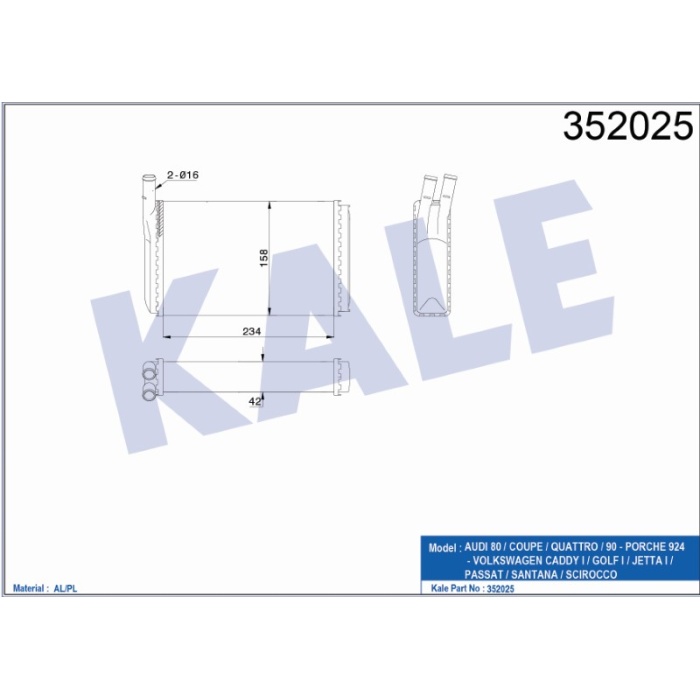 KALORIFER RADYATÖRÜ AUDI 80 - COUPE - QUATTRO - 90 - PORSCHE 924 - VW CADDY I - GOLF I - JETTA I - - KL352025