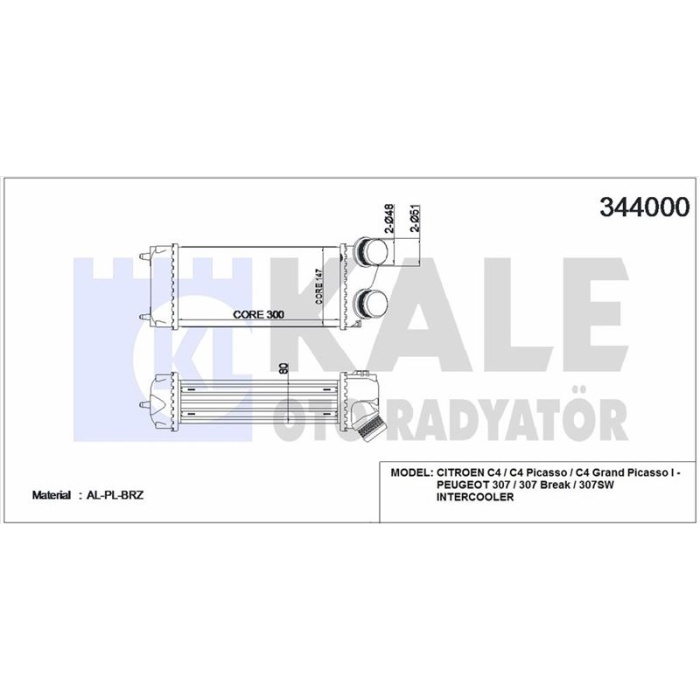 TURBO SOGUTUCU RADYATOR INTERCOLL P307 YM C4 C4 PICASSO DV6 1.6HDI 06-OLCU 300×147×85 - KALE 344000