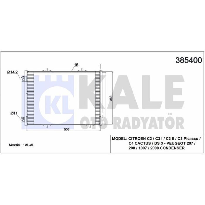 KLIMA RADYATORUKONDANSER P207-P1007-C2-C3-C3 II 1.6 HDI 05-10 - KALE 385400