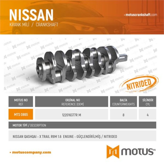 KRANK MILI NISSAN QASHQAI XTRAIL R9M 1.6 DCI. RENAULT MEGANE FLUENCE TALISMAN R9M 1.6 DCI. OPEL VIVARO B 14-- MERCEDES OM622. OM626 W205 14-- W447 14-- - MOTUS 865