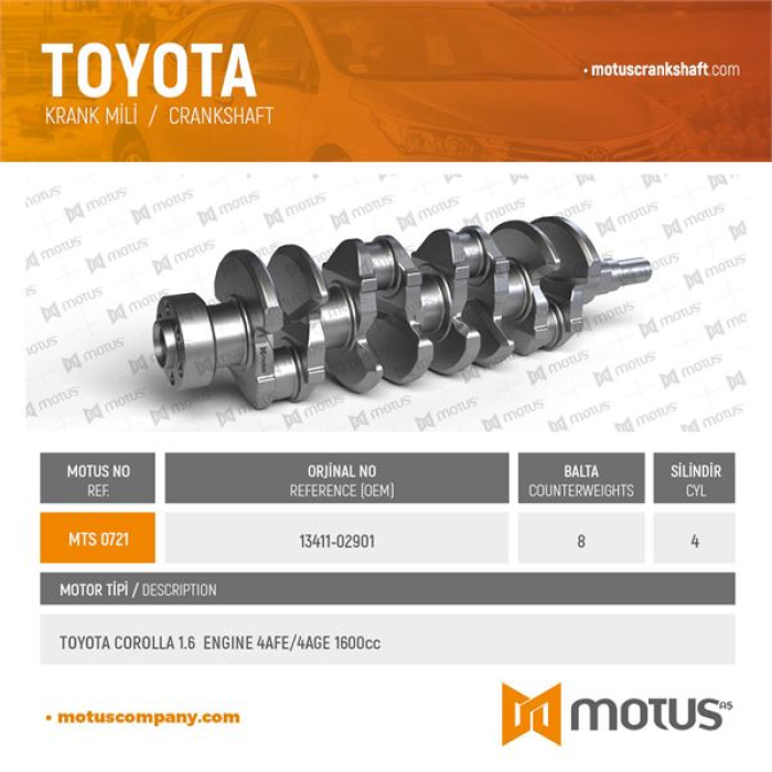 KRANK MILI TOYOTA COROLLA 1.6 KARBUTATORLU 4AF MOTOR COROLLA 1.6 ENJEKSYONLU 4AFE MOTOR 1992-1999 - MOTUS 721